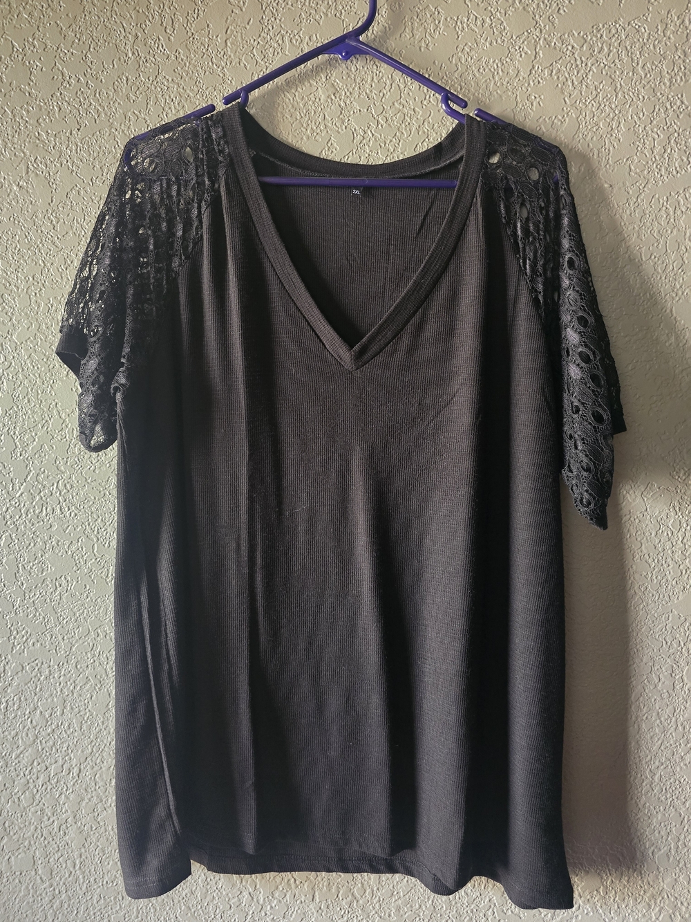 Women’s Black V-Neck Short Sleeve Top with Lace Shoulders